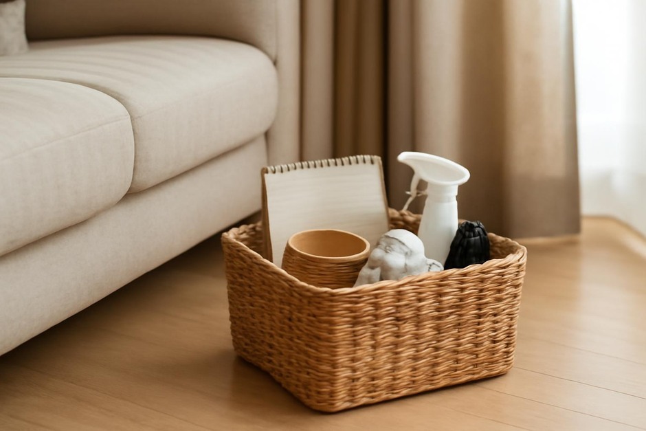 A living room basket for small items beside a sofa