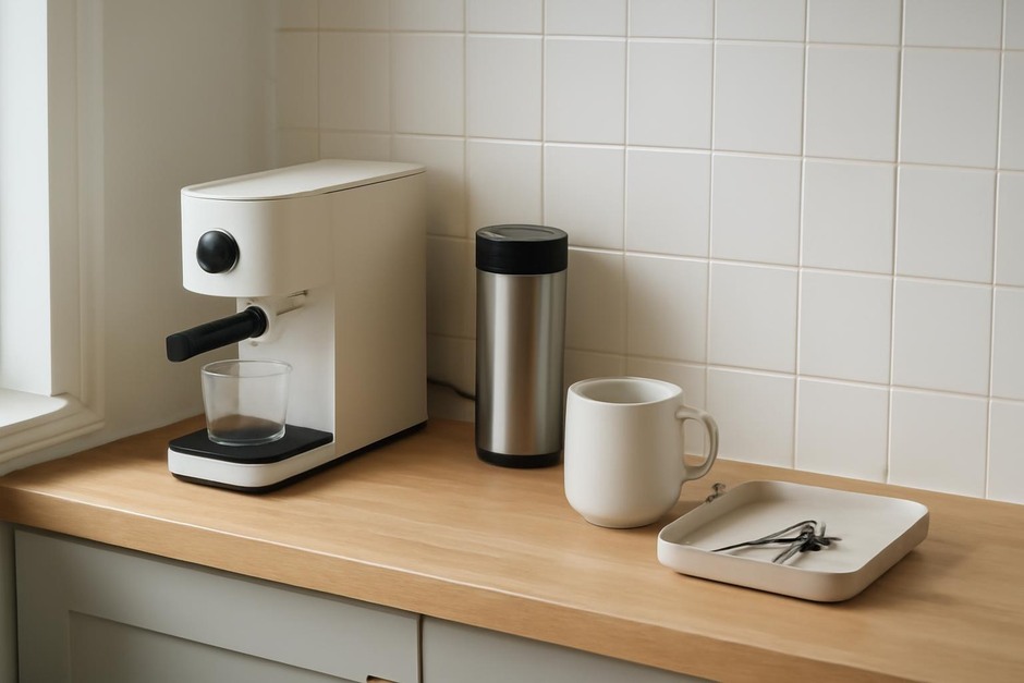 A compact kitchen counter with a dedicated coffee setup and a small tray for keys