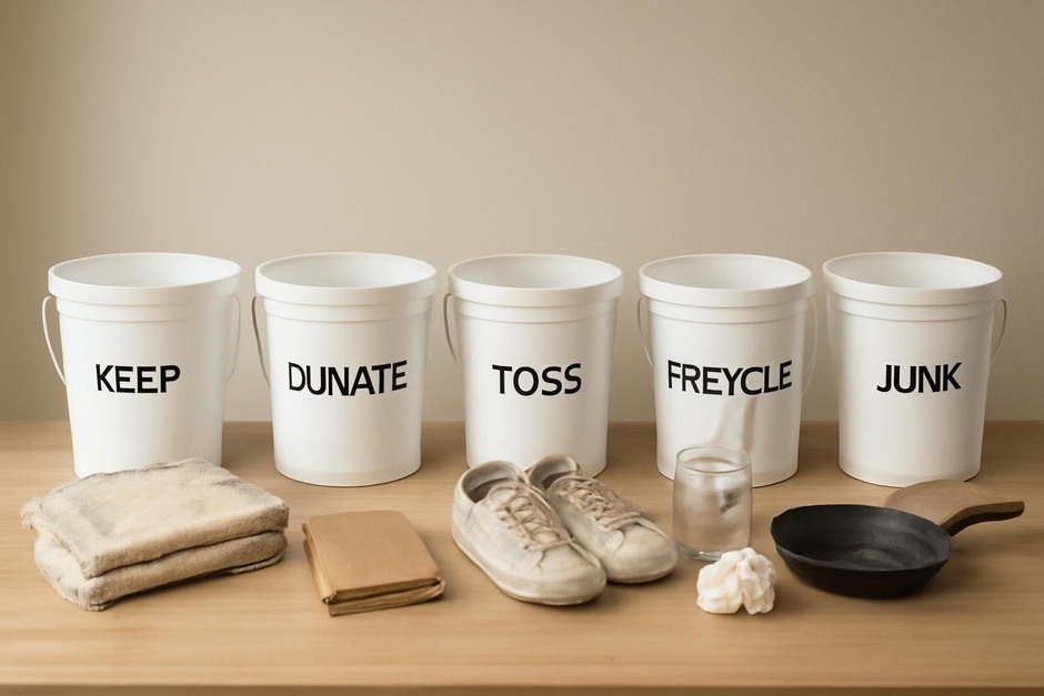 Five labeled buckets for sorting household items during a decluttering session