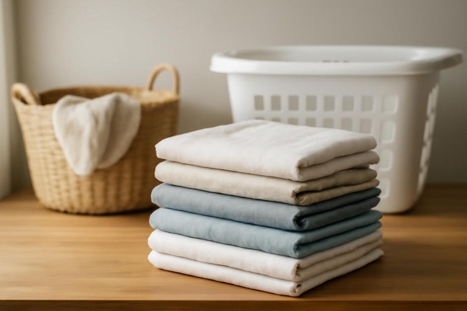 A set of neatly folded laundry on a wooden table next to laundry baskets