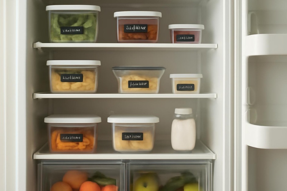 Open refrigerator with labeled containers and organized shelves