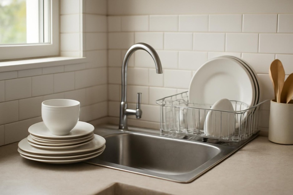 A kitchen sink with neatly stacked dishes and a drying rack