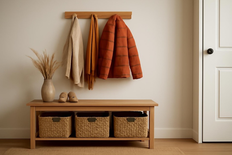 Neat entryway bench with baskets and seasonal coats