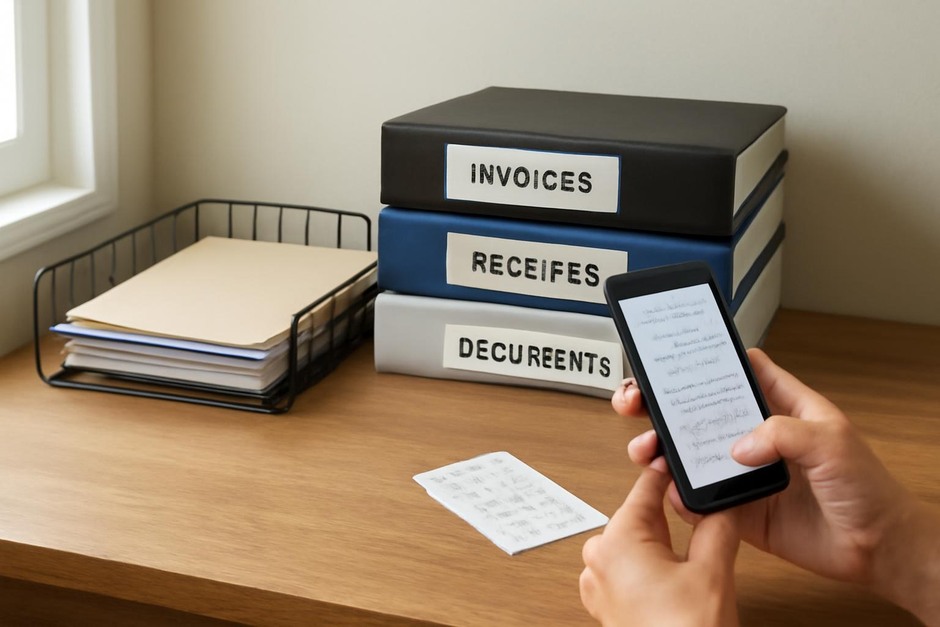 A desk with a metal inbox tray, a stack of labeled binders, and a smartphone scanning a receipt