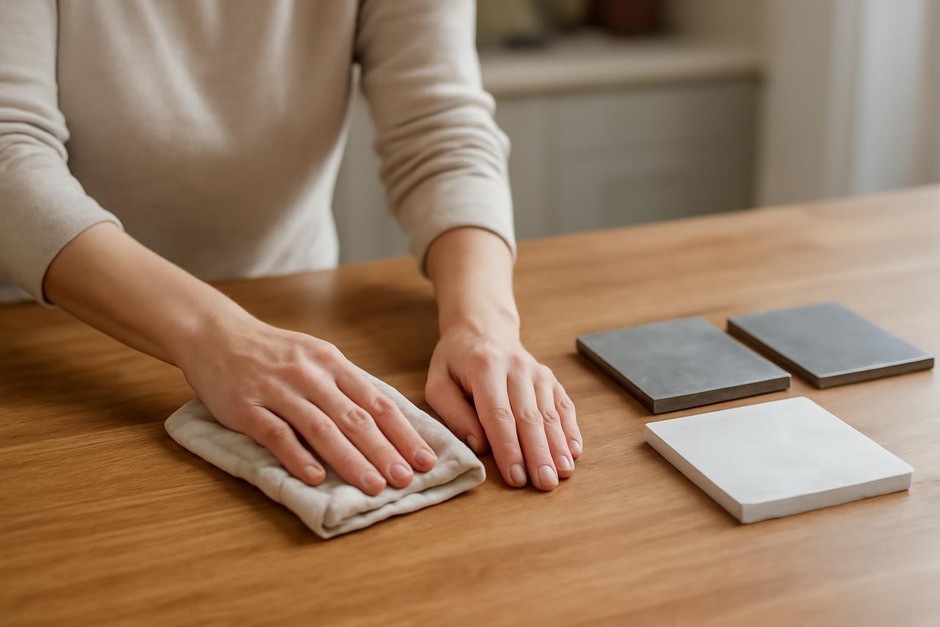 Hands wiping a wooden countertop beside samples of stone and metal materials