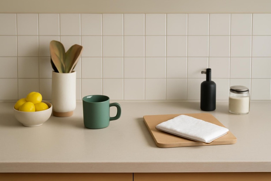 A tidy countertop divided into two zones to test different clearing routines