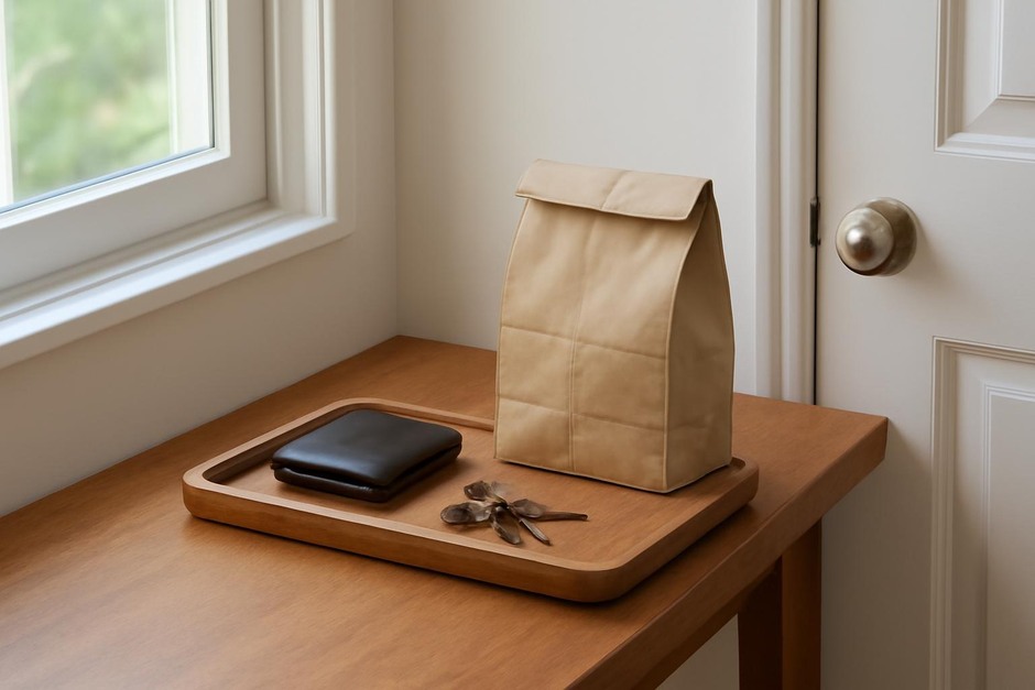 A simple tray with keys, wallet, and a packed lunch near a doorway