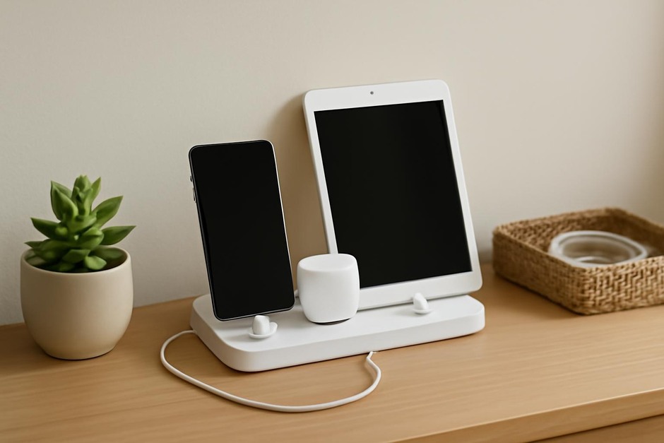 Neatly arranged charging station with cables and devices