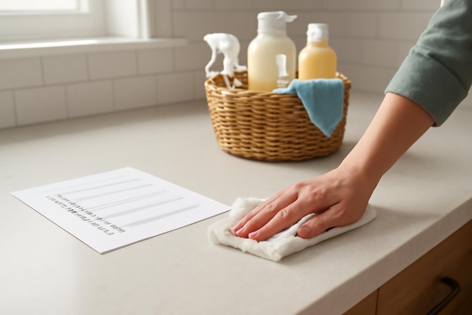 Hands wiping a countertop with a checklist and cleaning basket nearby