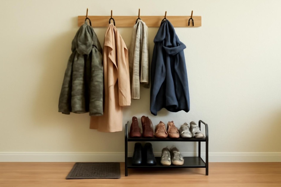 Coats on hooks with a shoe rack and a mat for wet shoes