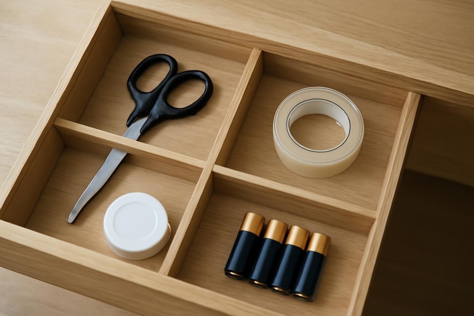 A drawer with dividers containing scissors, tape, and batteries neatly arranged