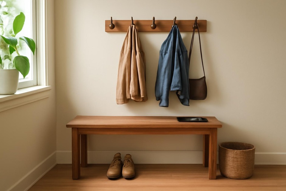 A small entryway with a bench, hooks, and a tray for keys