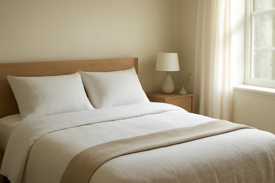 Neatly made bed with simple bedding in a sunlit bedroom