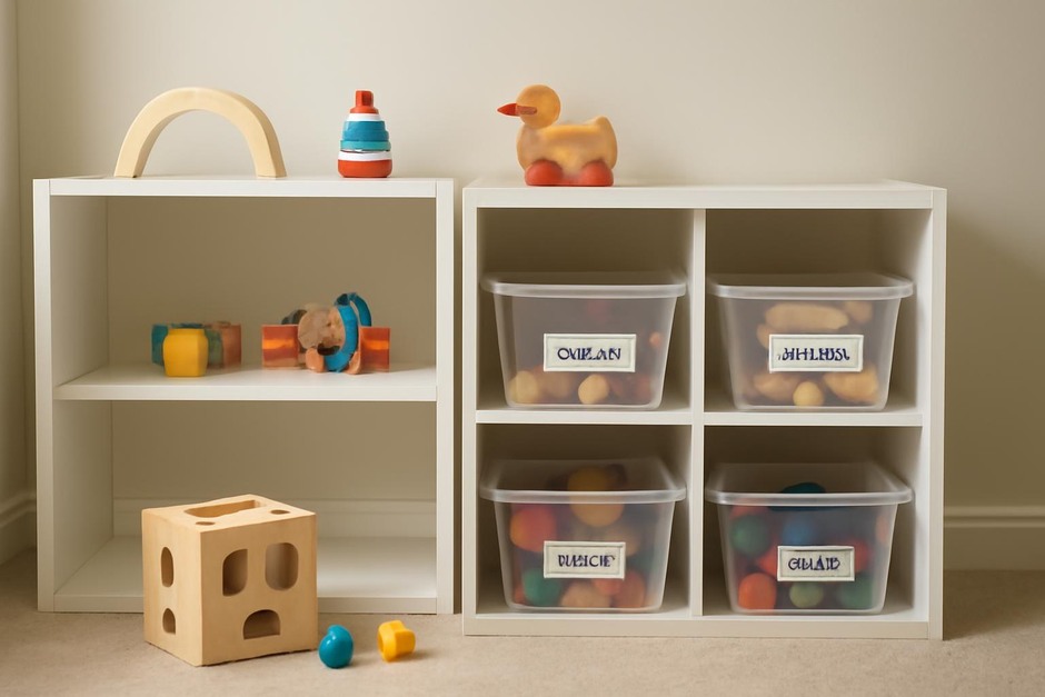 Children's toys organized in labeled bins and a small shelf with a few toys on display